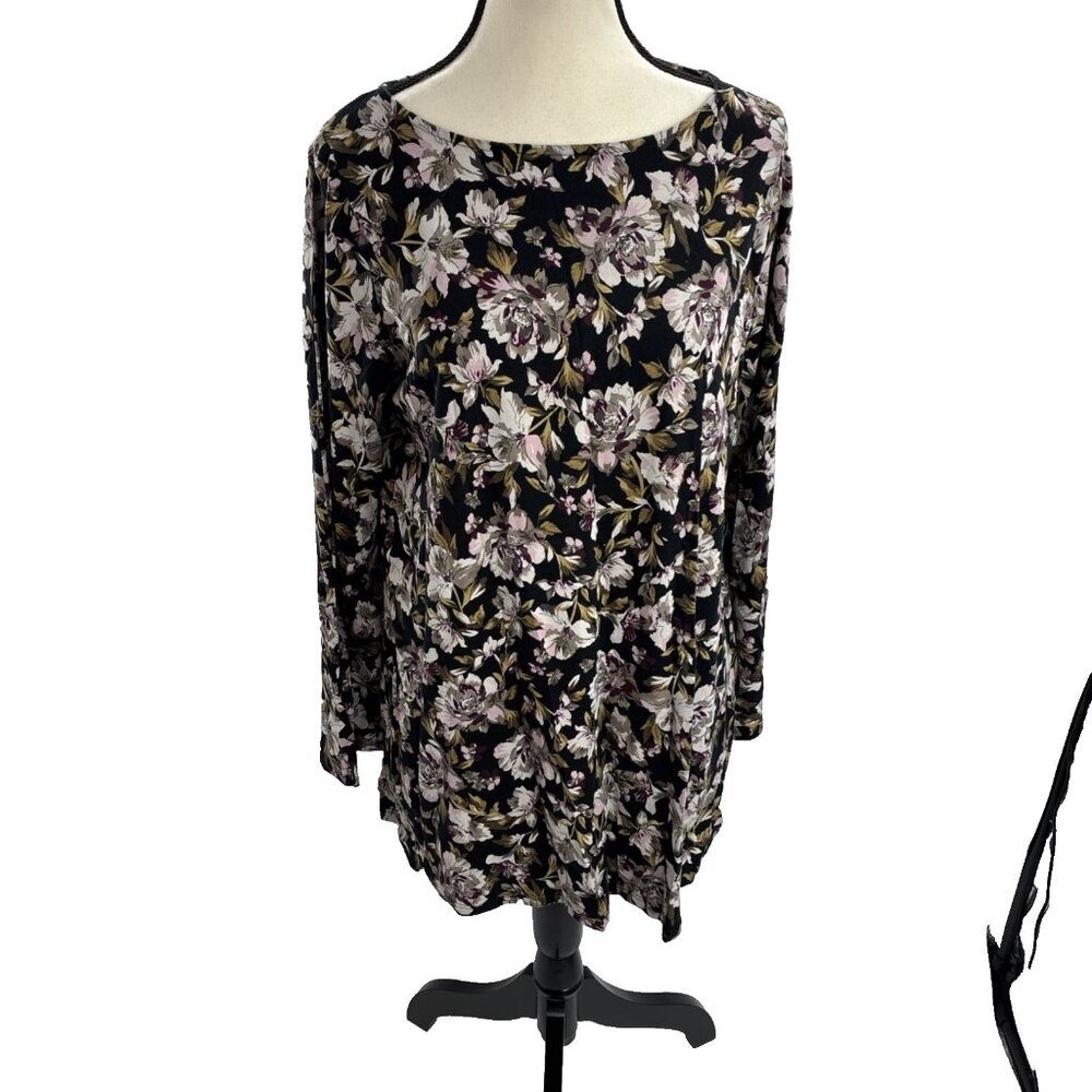 J. Jill Womens Size M Luxe Supima Tunic Top Black Floral Split Sleeve Blouse